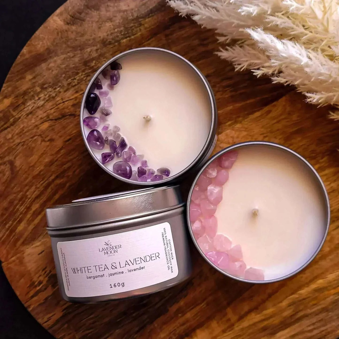 Lavender Moon Candle Tin 3-Pack on Wooden Surface, Vegan Coconut Soy Wax