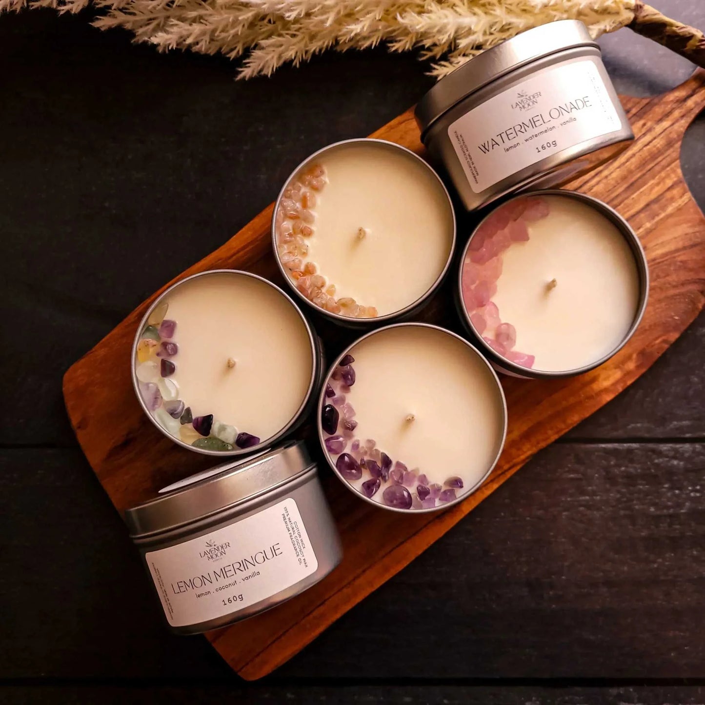 Lavender Moon 160g candle tin set, 6 pack, featuring luxurious scented candles with coconut soy wax and cotton wicks for relaxation and aromatherapy.