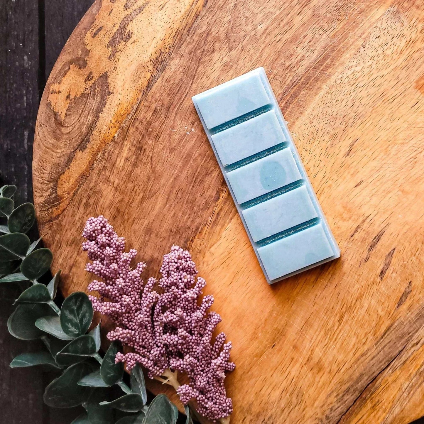 Dream Waxmelt - Wellness Range with lavender, mint, and cedarwood on wooden board, vegan-friendly soy blend, relaxing scent.