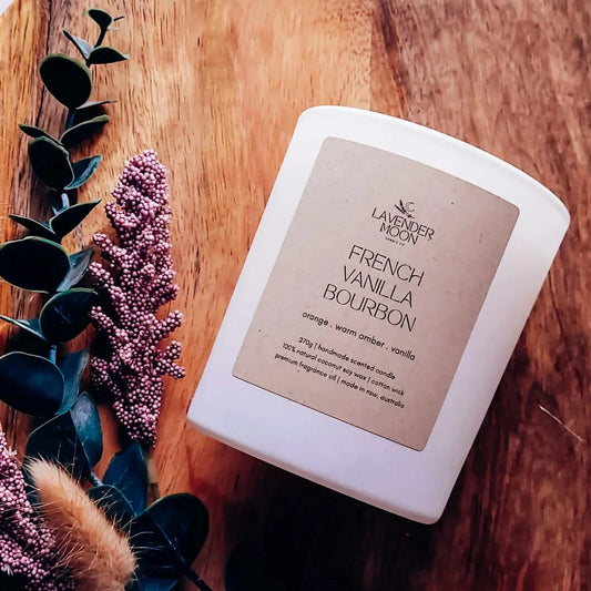 French Vanilla Bourbon Candle with warm amber and vanilla scent, vegan-friendly coconut soy wax, and cotton wick.