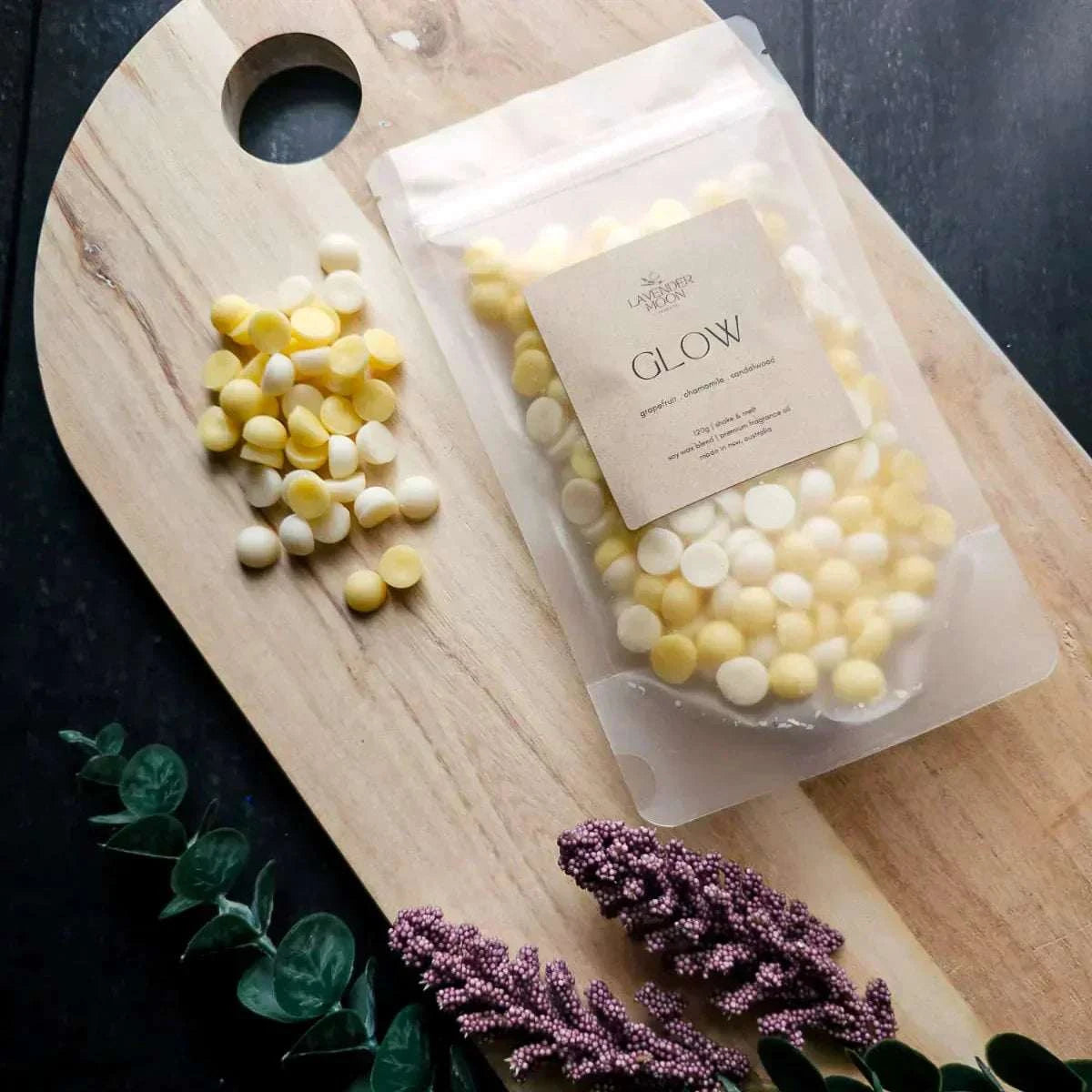 Glow Waxmelt - Wellness Range with grapefruit, chamomile, sandalwood; vegan soy wax.