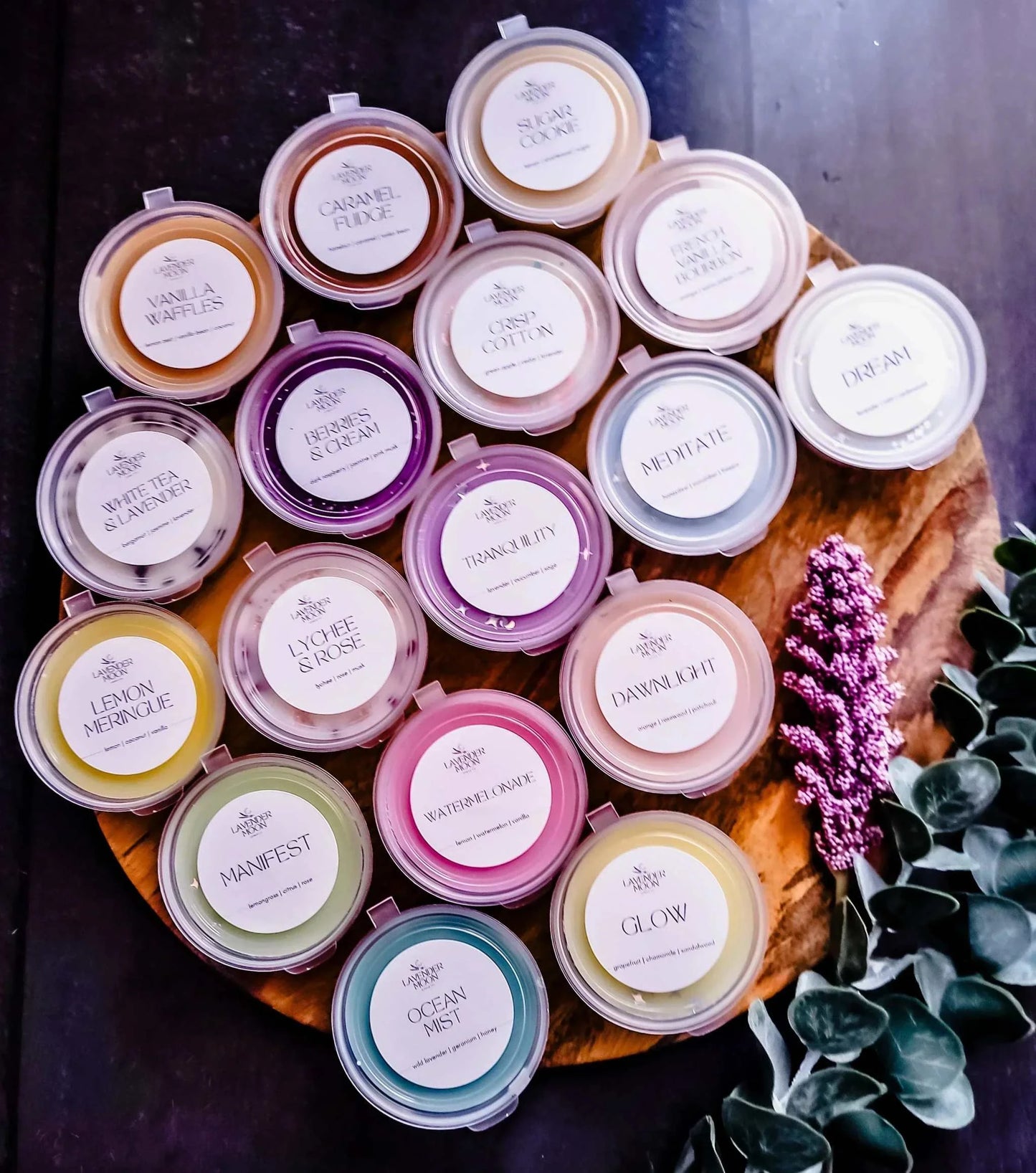 Lavender Moon 30g Melt Sampler with 17 signature scented wax melt pots on display.