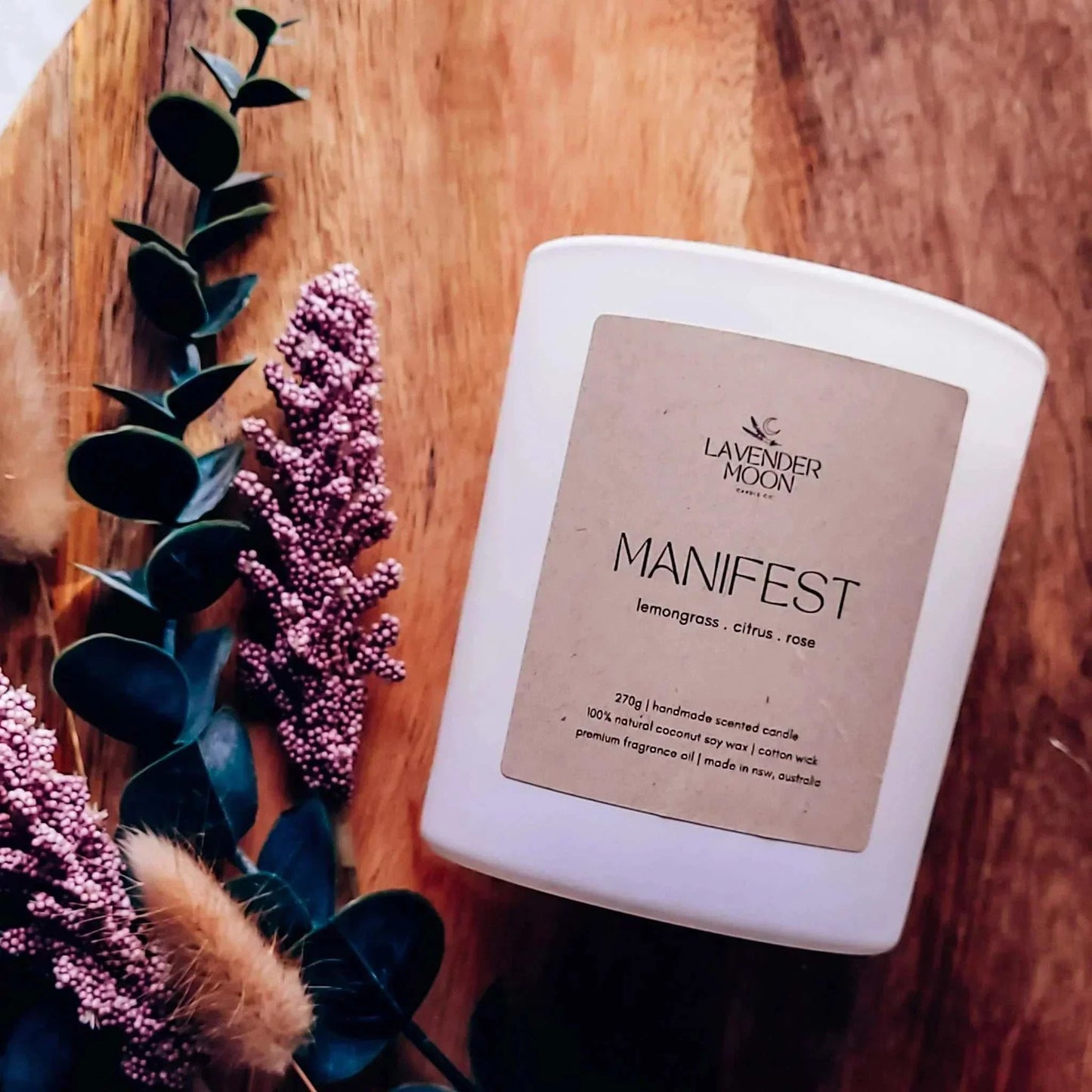 Manifest Candle - Lemongrass, citrus, rose scent; wellness range; vegan coconut soy wax; cotton wick.