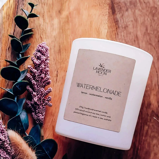 Watermelonade Candle with lively watermelon, lemon, and vanilla fragrances, made from vegan coconut soy wax.