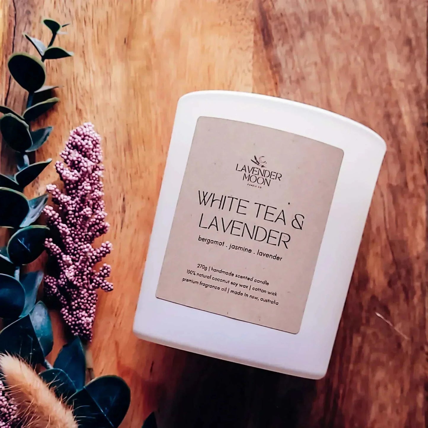 White Tea & Lavender candle with bergamot, jasmine, and lavender scents; vegan coconut soy wax and a cotton wick; burn time of 22-45 hours.